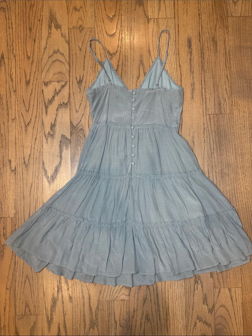 Storia Womens Light Blue Tiered V-Neck Ruffled Dress with Detailed Buttons Sz S
